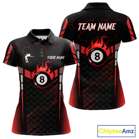 Personalized Red 8 Ball Flame Billiard Polo & Quarter Zip For Women, 8 Ball Pool Team Jersey TDM5732