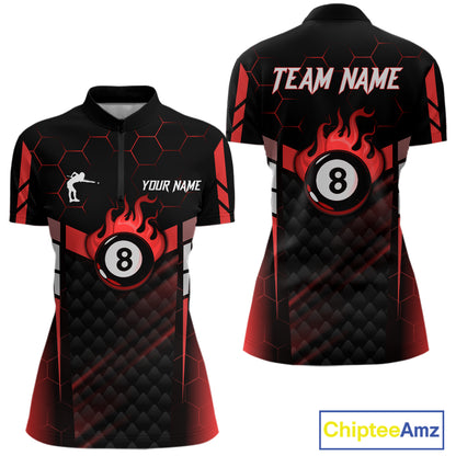 Personalized Red 8 Ball Flame Billiard Polo & Quarter Zip For Women, 8 Ball Pool Team Jersey TDM5732