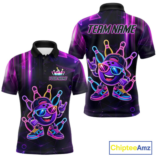 Funny Neon Bowling Ball Polo & Quarter Zip Shirt For Men Custom Bowling Team Shirt, Bowling Jersey TDM6519