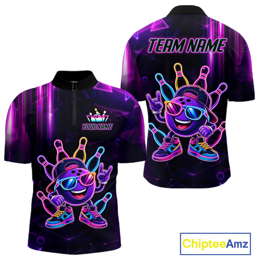 Funny Neon Bowling Ball Polo & Quarter Zip Shirt For Men Custom Bowling Team Shirt, Bowling Jersey TDM6519