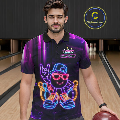 Funny Neon Bowling Ball Polo & Quarter Zip Shirt For Men Custom Bowling League Team Jersey TDM6520