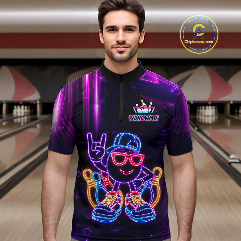 Funny Neon Bowling Ball Polo & Quarter Zip Shirt For Men Custom Bowling League Team Jersey TDM6520
