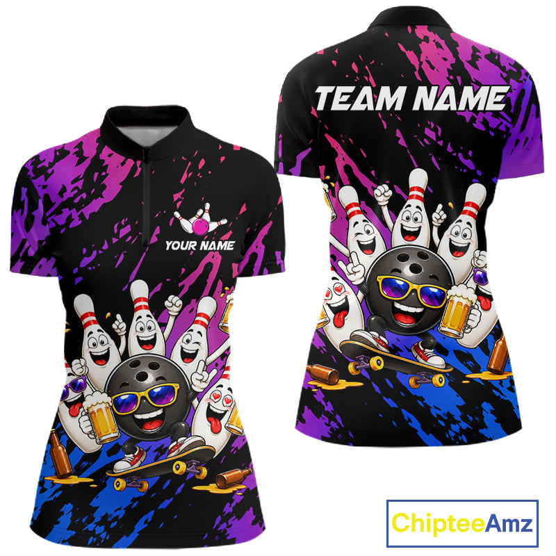 Custom Blue Purple Funny Bowling Pins Beer Bowling Shirts For Women Personalized Bowling Team Jersey TDM7255