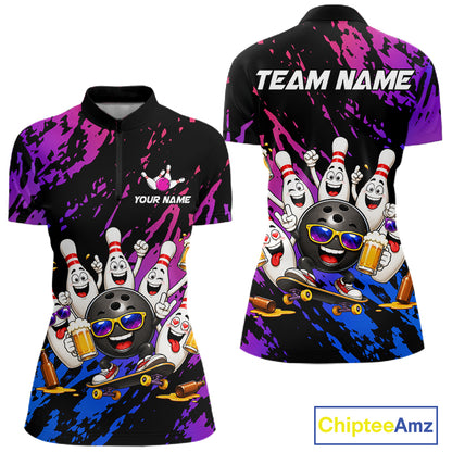 Custom Blue Purple Funny Bowling Pins Beer Bowling Shirts For Women Personalized Bowling Team Jersey TDM7255