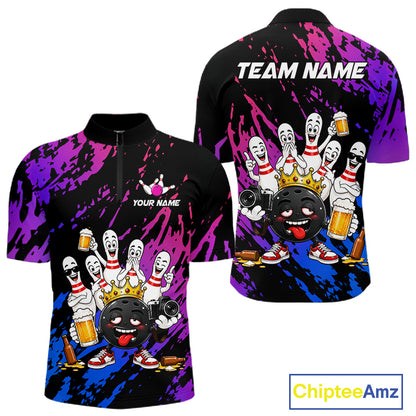 Custom Blue Purple Funny Drunk Bowling Pins Crown Bowling Shirts For Men, Bowling Team Jersey TDM7256