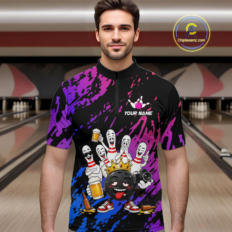 Custom Blue Purple Funny Drunk Bowling Pins Crown Bowling Shirts For Men, Bowling Team Jersey TDM7256