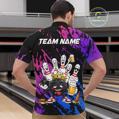 Custom Blue Purple Funny Drunk Bowling Pins Crown Bowling Shirts For Men, Bowling Team Jersey TDM7256