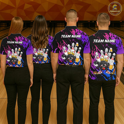 Custom Blue Purple Funny Drunk Bowling Pins Crown Bowling Shirts For Men, Bowling Team Jersey TDM7256