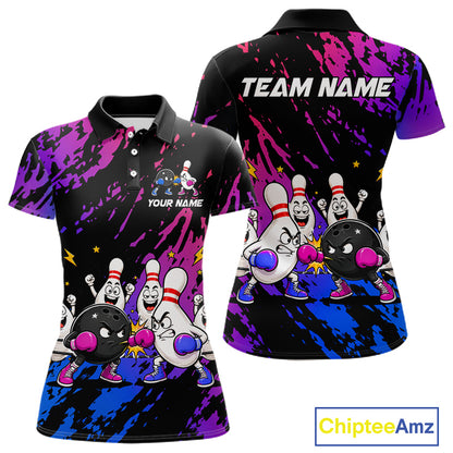 Custom Blue And Purple Funny Boxing Bowling Shirts For Women Bowling Team Jersey, Gift For Bowlers TDM7257