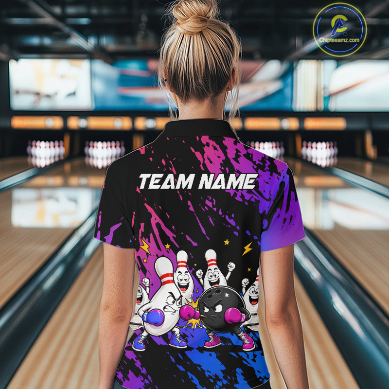 Custom Blue And Purple Funny Boxing Bowling Shirts For Women Bowling Team Jersey, Gift For Bowlers TDM7257