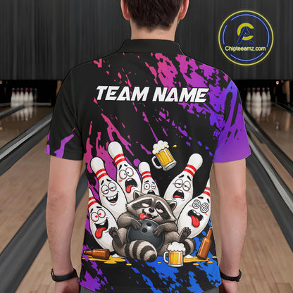 Custom Blue Purple Funny Drunk Raccoon Bowling Shirt For Men Personalized Beer Bowling Team Jersey TDM7258