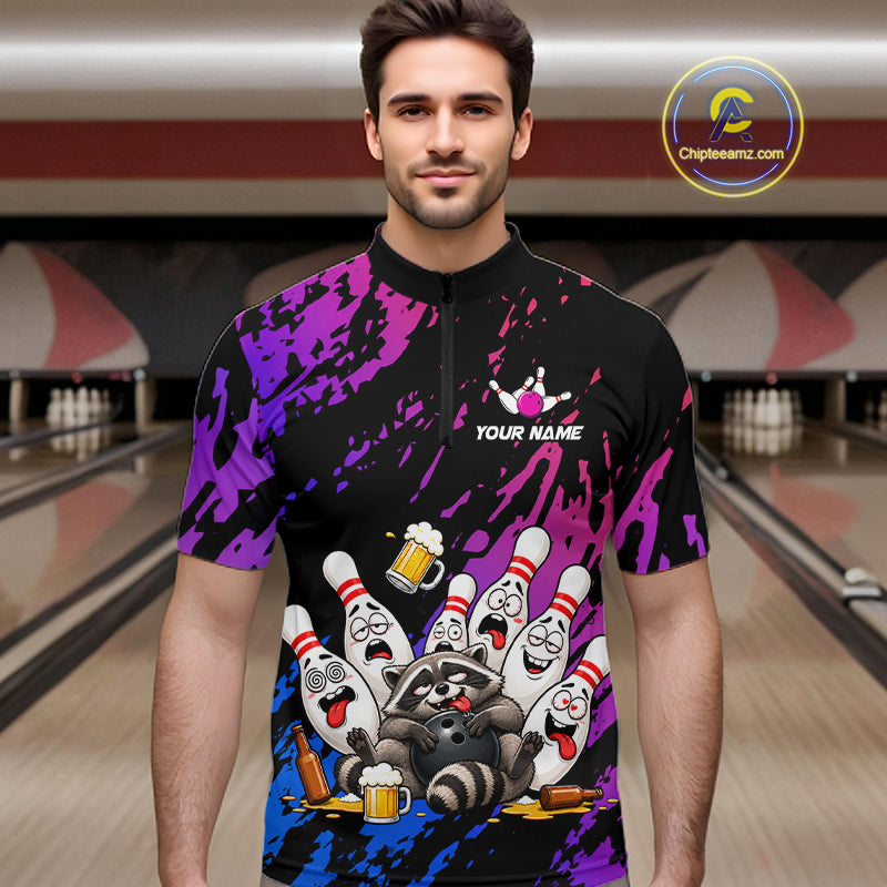 Custom Blue Purple Funny Drunk Raccoon Bowling Shirt For Men Personalized Beer Bowling Team Jersey TDM7258