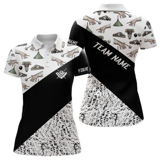 Custom Grunge Black White Full Printing Billiard Polo Shirts For Women, Best Billiard Shirts Design TDM0732