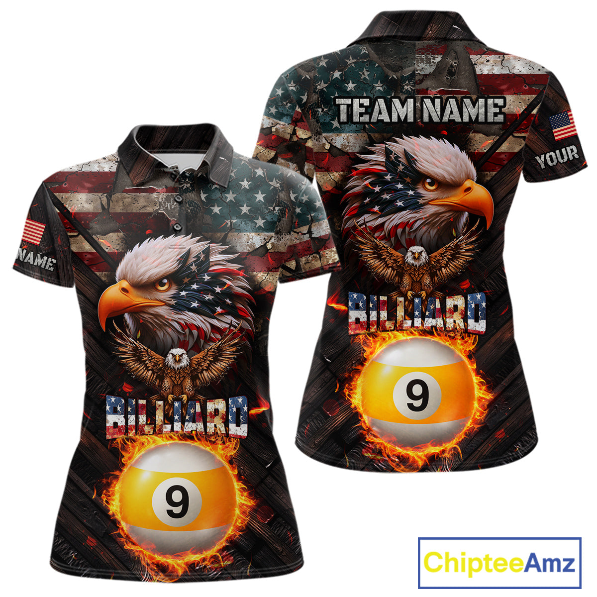 American Flag 9 Ball Fire Custom Eagle Billiard Shirt For Women, Patriotic Pool Jersey Polo, 1/4 Zip TDM5931