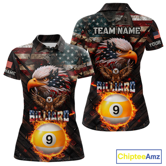 American Flag 9 Ball Fire Custom Eagle Billiard Shirt For Women, Patriotic Pool Jersey Polo, 1/4 Zip TDM5931
