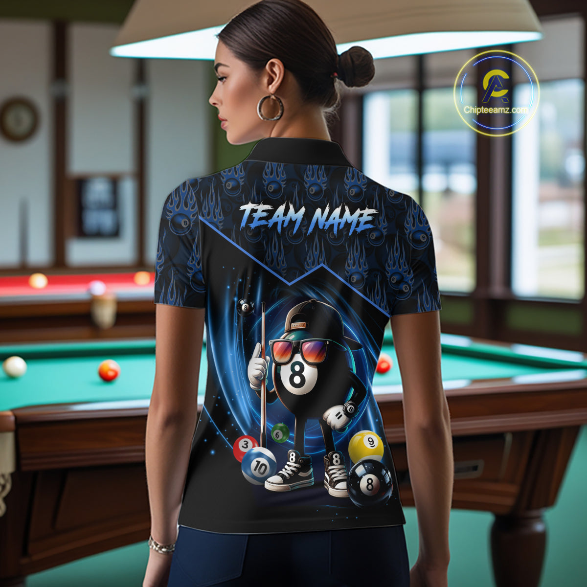 Blue Funny 8 Ball Pool Billiard Shirt For Women Custom Flame Billiard Team Jersey Polo & 1/4 Zip TDM6346
