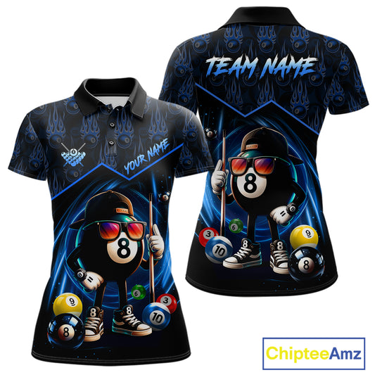Blue Funny 8 Ball Pool Billiard Shirt For Women Custom Flame Billiard Team Jersey Polo & 1/4 Zip TDM6346