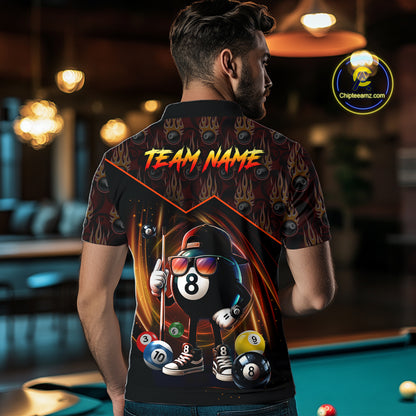 Orange Funny 8 Ball Pool Billiard Shirt For Men Custom Flame Billiard Team Jersey Polo & 1/4 Zip TDM6347