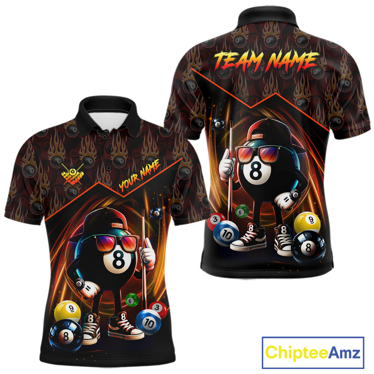 Orange Funny 8 Ball Pool Billiard Shirt For Men Custom Flame Billiard Team Jersey Polo & 1/4 Zip TDM6347