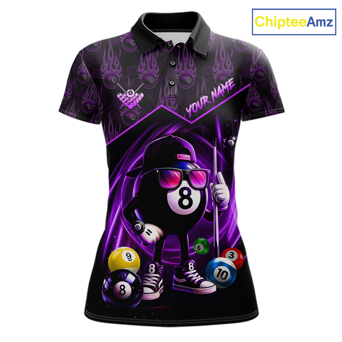 Purple Funny 8 Ball Pool Billiard Shirt For Women Custom Flame Billiard Team Jersey Polo & 1/4 Zip TDM6348