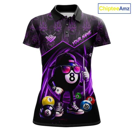 Purple Funny 8 Ball Pool Billiard Shirt For Women Custom Flame Billiard Team Jersey Polo & 1/4 Zip TDM6348