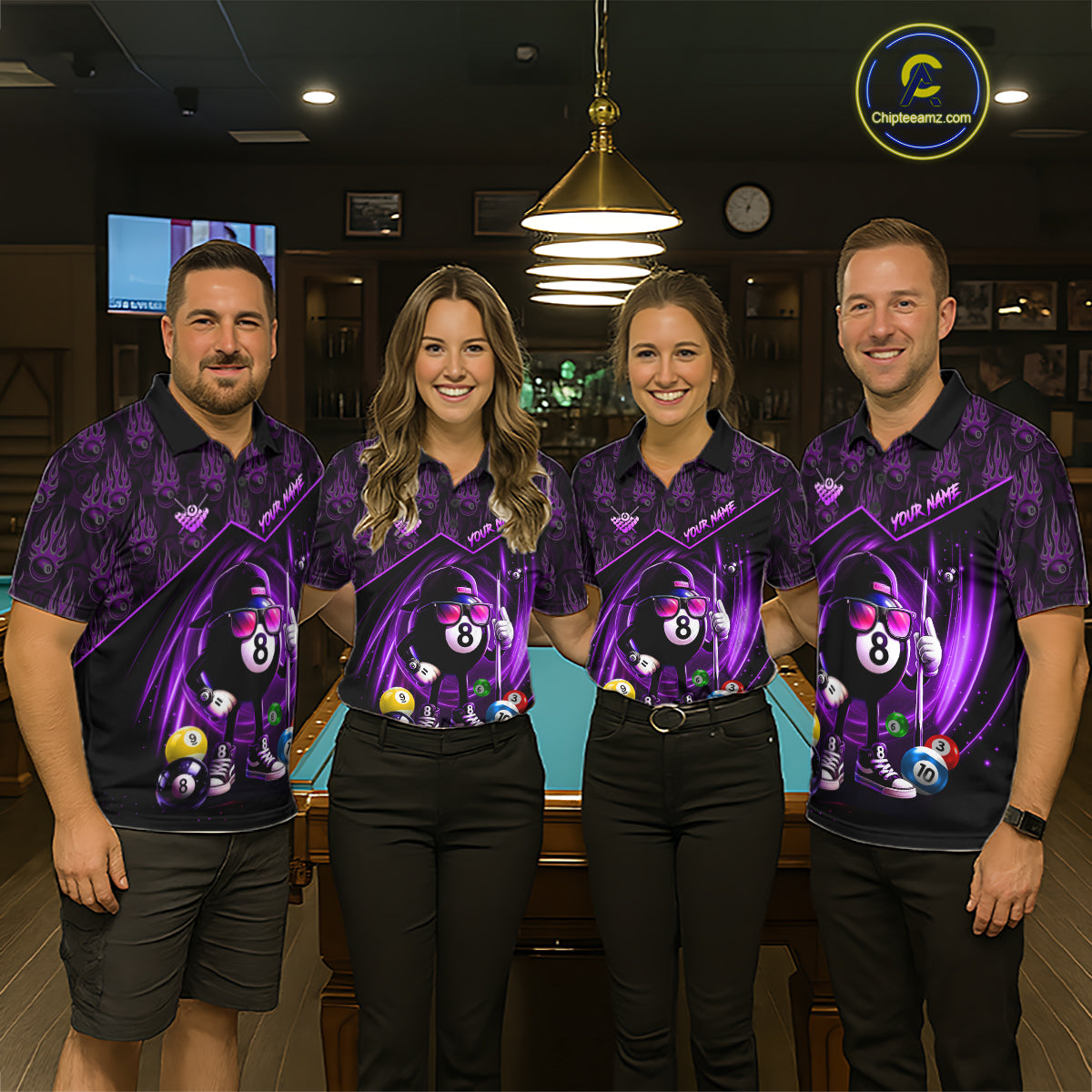 Purple Funny 8 Ball Pool Billiard Shirt For Women Custom Flame Billiard Team Jersey Polo & 1/4 Zip TDM6348