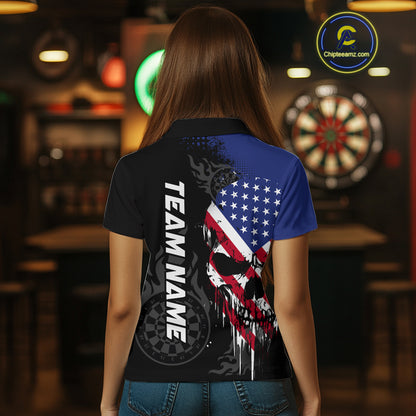 Grunge American Flag Skull Darts Shirt For Women Custom Patriotic Darts Team Jerseys Polo & 1/4 Zip TDM4197
