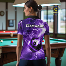 Load image into Gallery viewer, Back view of woman wearing a purple thunder lightning 8 ball pool shirt in a billiards hall.