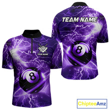 Load image into Gallery viewer, Purple 8 ball thunder lightning billiard quarter zip shirt for men built for tournaments and league competition.
