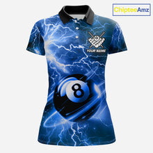 Load image into Gallery viewer, Blue 8 ball thunder lightning billiard polo shirt for women with custom pool team graphics.
