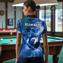 Load image into Gallery viewer, Back view of woman wearing a blue thunder lightning 8 ball pool shirt in a billiards hall.