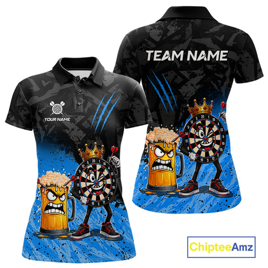 Personalized blue funny crown dartboard beer darts team jersey polo shirt for women featuring a crown dartboard and beer design, premium custom darts league apparel.