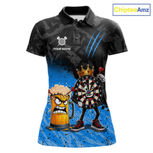 Load image into Gallery viewer, Personalized blue funny crown dartboard beer darts team jersey polo shirt for women featuring a crown dartboard and beer design, premium custom darts league apparel.