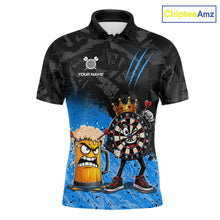 Load image into Gallery viewer, Personalized blue funny crown dartboard beer darts team jersey polo shirt for men featuring a crown dartboard and beer design, premium custom darts league apparel.