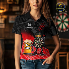 Load image into Gallery viewer, Woman wearing personalized red funny crown dartboard beer darts team jersey polo shirt featuring crown dartboard beer artwork, front view.