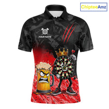 Load image into Gallery viewer, Personalized red funny crown dartboard beer darts team jersey polo shirt for men featuring a crown dartboard and beer design, premium custom darts league apparel.