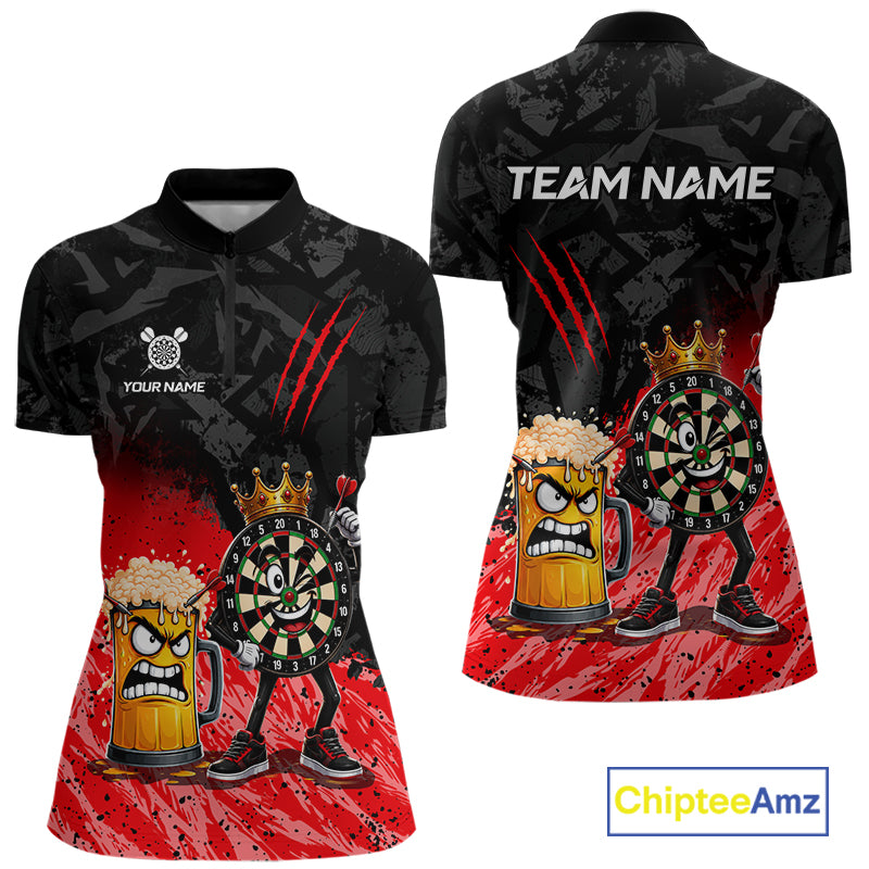 Personalized red funny crown dartboard beer darts team jersey quarter zip shirt for women featuring funny crown dartboard beer artwork, premium custom darts apparel.
