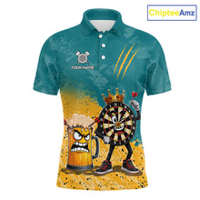 Load image into Gallery viewer, Personalized teal and yellow funny crown dartboard beer darts team jersey polo shirt for men featuring a crown dartboard and beer design, premium custom darts league apparel.