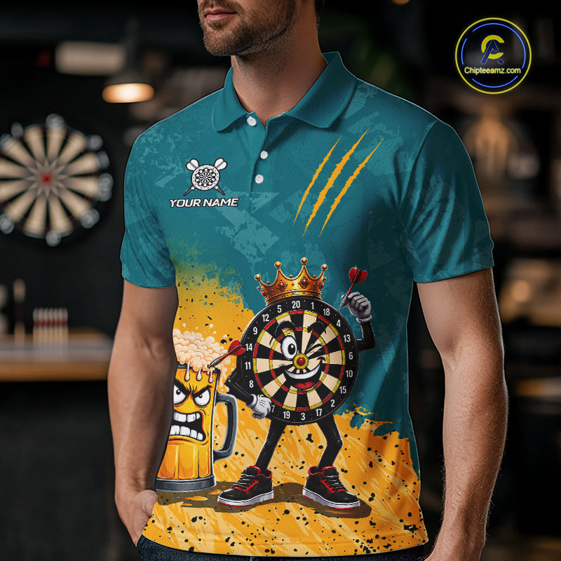 Man wearing personalized teal and yellow funny crown dartboard beer darts team jersey polo shirt featuring crown dartboard beer artwork, front view.