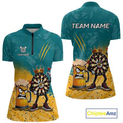 Personalized teal and yellow funny crown dartboard beer darts team jersey quarter zip shirt for women featuring funny crown dartboard beer artwork, premium custom darts apparel.