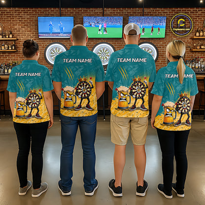 Darts team wearing matching personalized teal and yellow funny crown dartboard beer darts team jerseys, front view.