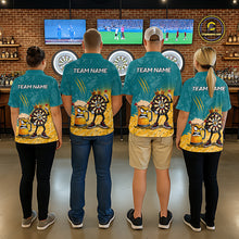 Load image into Gallery viewer, Darts team wearing matching personalized teal and yellow funny crown dartboard beer darts team jerseys, front view.