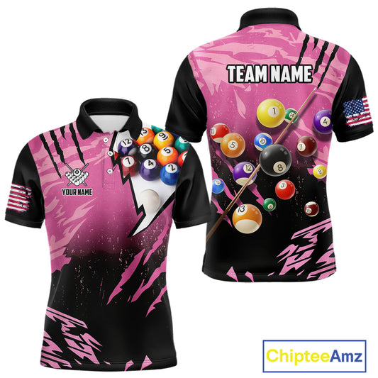 Personalized Pink Black Billiard Shirt For Men Custom 8 Ball Pool Billiard Jersey Polo & 1/4 Zip TDM5472