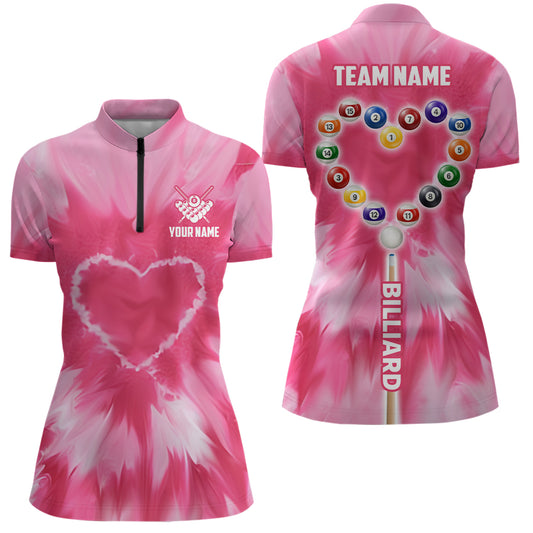 Personalized Pink Tie Dye Heart Billiard Women Quarter-Zip Shirt, Billiard Valentines Shirts TDM0924