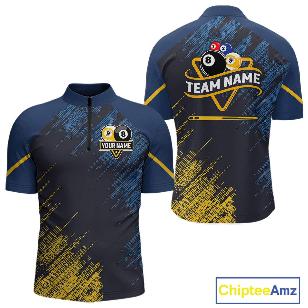 Personalized Blue Yellow 8 Ball & 9 Ball Pool Polo & 1/4 Zip For Men Custom Team Billiard Jersey TDM5745