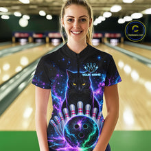 Load image into Gallery viewer, Neon Funny Cat Bowling Jersey Polo &amp; 1/4 Zip For Women Custom Bowling Team Jersey, Bowling Gifts TDM6359