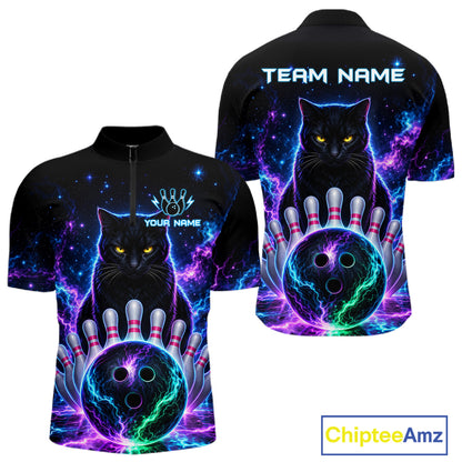 Neon Funny Cat Bowling Jersey Polo & 1/4 Zip For Men Custom Bowling Team Jersey, Bowling Gifts TDM6359