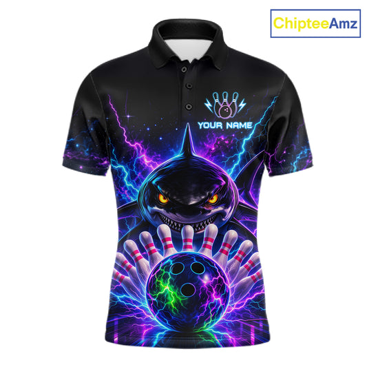 Neon Funny Shark Bowling Jersey Polo & 1/4 Zip For Men Custom Bowling Team Jersey, Bowling Uniform TDM6360