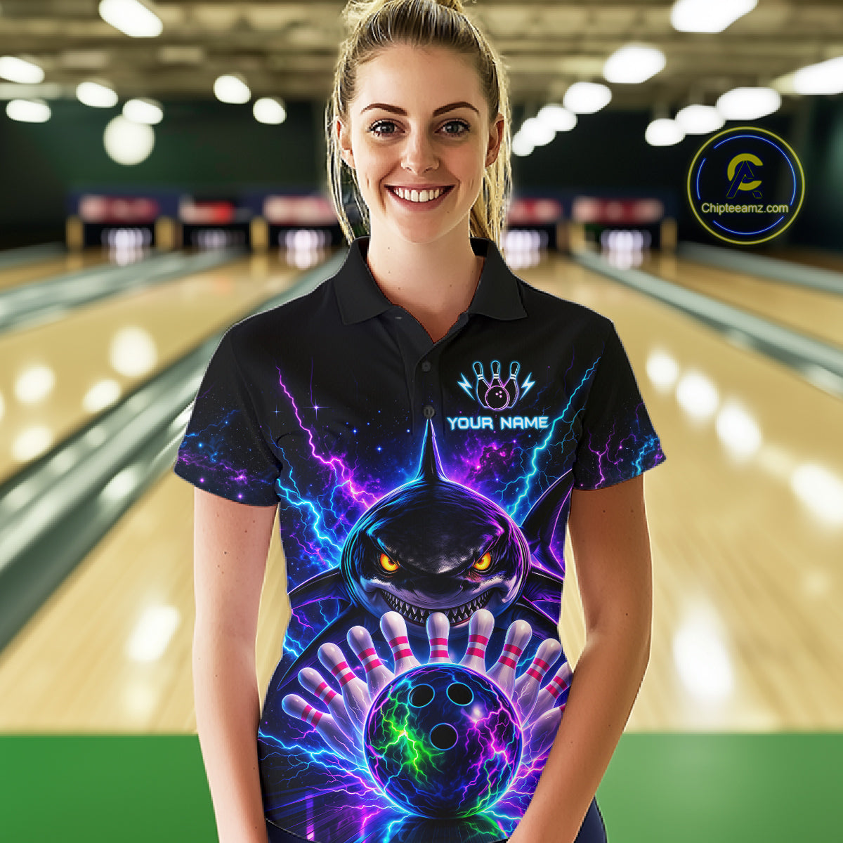 Neon Funny Shark Bowling Jersey Polo & 1/4 Zip For Women Custom Bowling Team Jersey, Bowling Uniform TDM6360