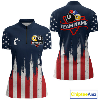 American flag 8 ball and 9 ball pool billiard team jersey quarter zip shirt for women featuring patriotic 8 ball and 9 ball graphics, premium custom pool apparel.